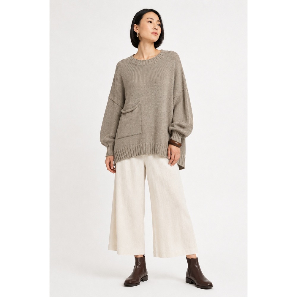 Oversized Knit Pullover Sweater S Taupe Patch Pocket Lagenlook Artsy Minimalist